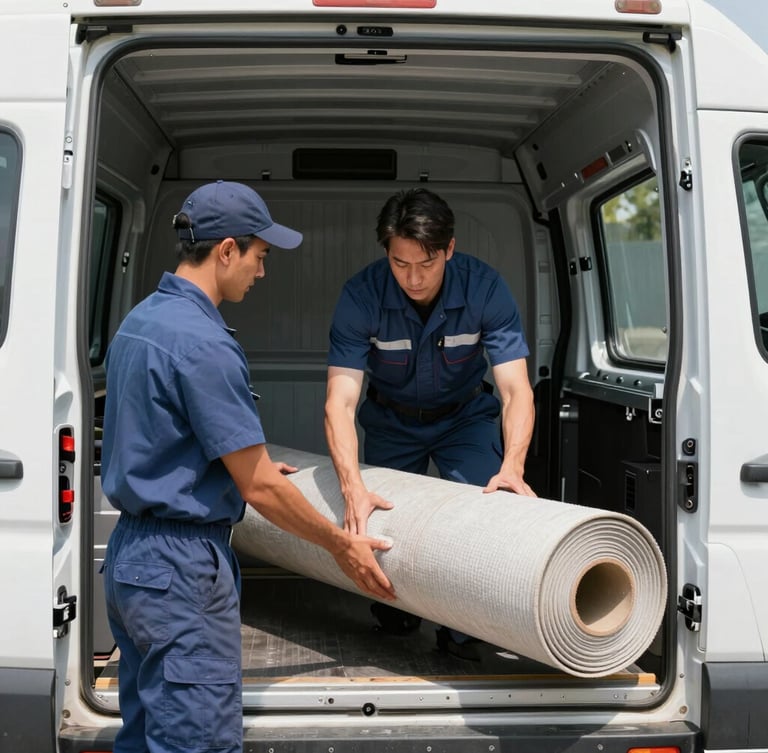 Technician in clean uniform loading rolled carpets into a modern delivery vehicle, bright daylight