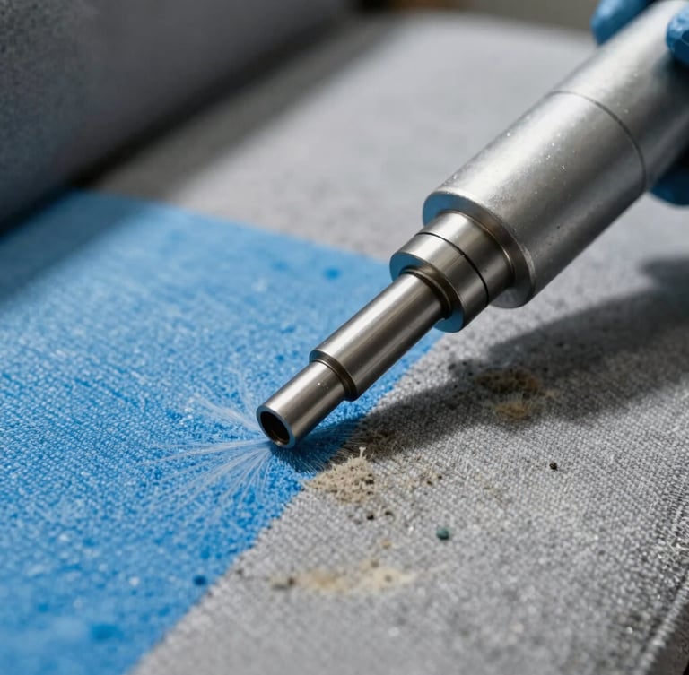 Macro shot of an industrial extraction vacuum nozzle cleaning a textured fabric sofa, showing a stark contrast between a clean, bright blue restored section and a dusty gray unwashed section, bright natural daylight.