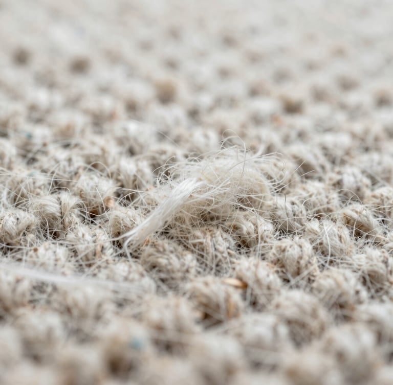 Macro close-up of premium wool carpet fibers, showing clean restored weave structure, bright clinical daylight framing