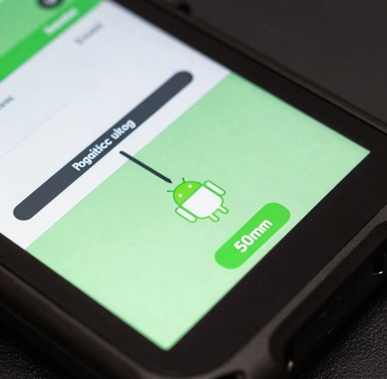 Overhead macro shot of a rugged Android handheld terminal displaying a logistics routing interface, cool studio lighting with vibrant green accents, sharp focus, 50mm