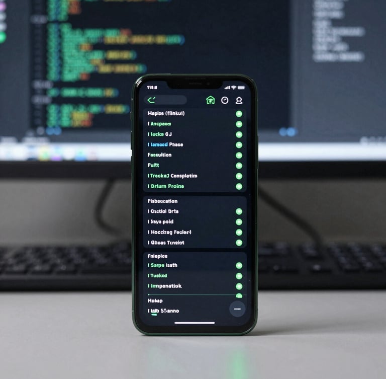 Sleek tech photography, cool studio lighting with electric green accents, sharp focus on a physical Android phone displaying a complex system dashboard, code visible on a background monitor, 50mm