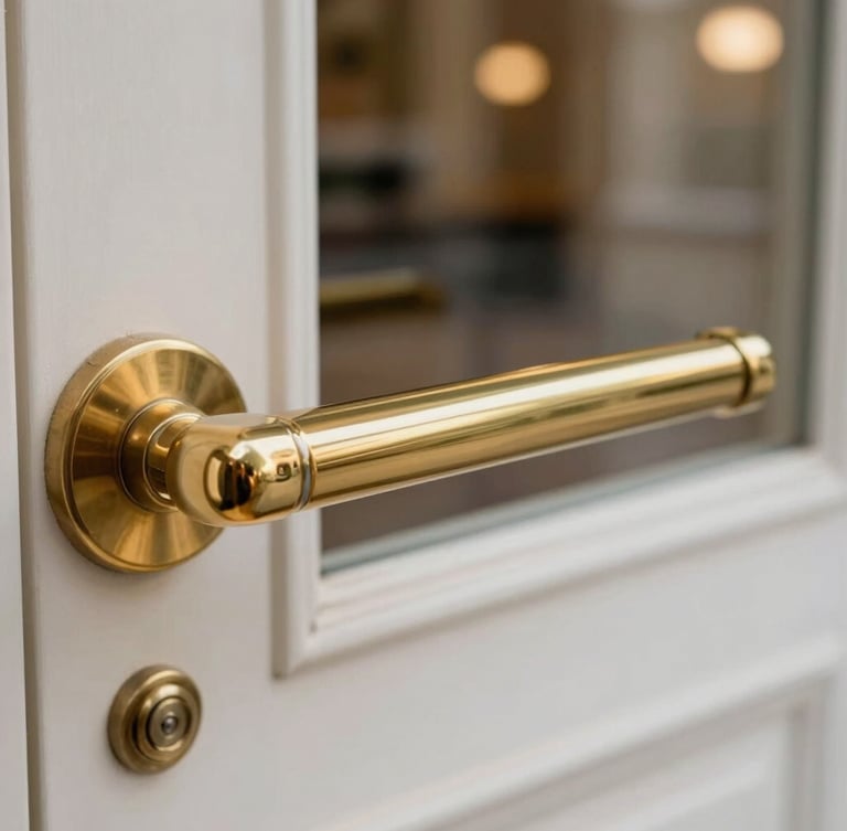 Macro shot of a clean brass door handle in an elegant building lobby, soft daylight, sharp focus on clean metal texture