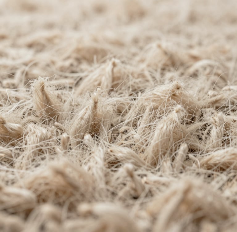 Gros plan macro d'une moquette en laine de luxe de couleur écru, fibres parfaitement redressées et propres, lumière naturelle rasante révélant une texture impeccable.