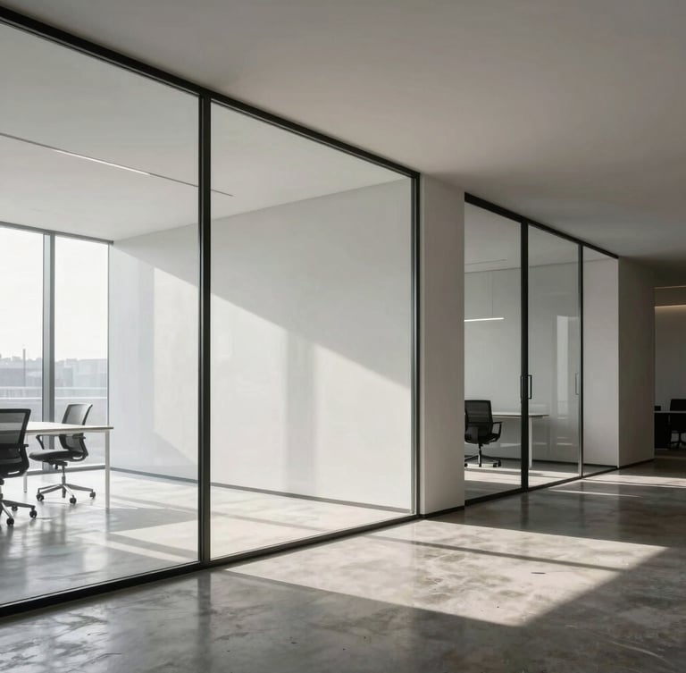 Medium-wide architectural shot of a minimalist modern office interior in Montargis, clean lines, pristine glass partitions, polished concrete floor reflecting soft natural daylight, high-contrast shadows, no people.