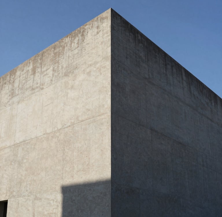 Extreme wide-angle environmental shot of a raw concrete facade under hard direct sunlight, graphic shadows cutting across the geometric volume, clear sky.