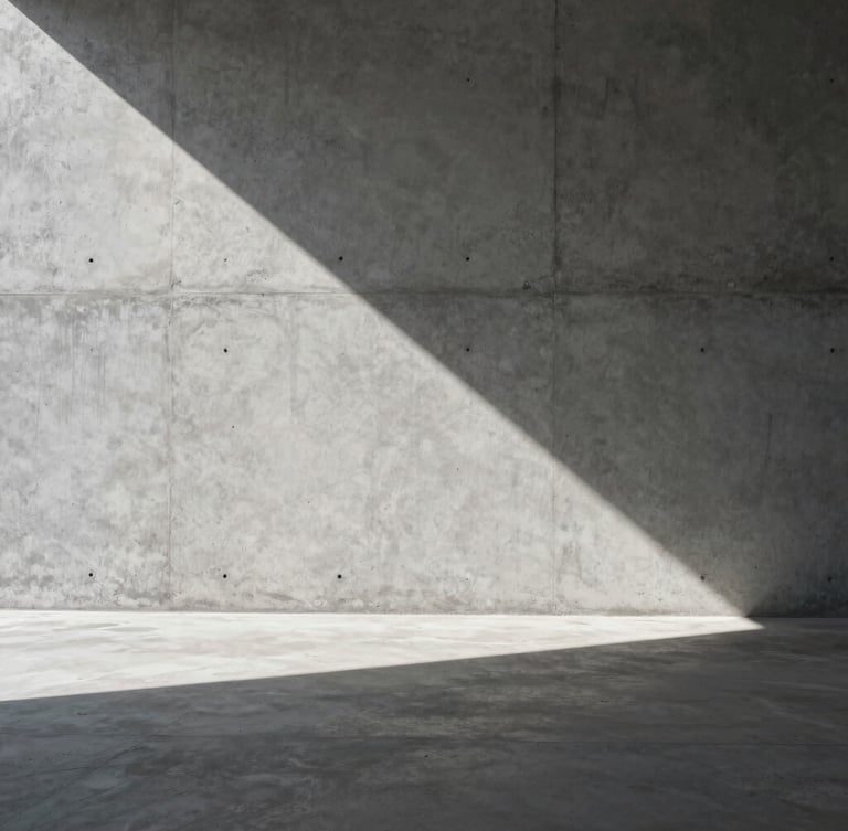 Architectural interior study, portrait orientation. Hard direct sunlight casting a sharp geometric shadow across a smooth raw concrete wall and cast-concrete floor, minimalist empty volume.