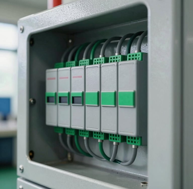Macro detail shot of a clean industrial PLC control panel with organized safety-green and gray wiring, industrial steel enclosure, natural ambient daylight, 35mm