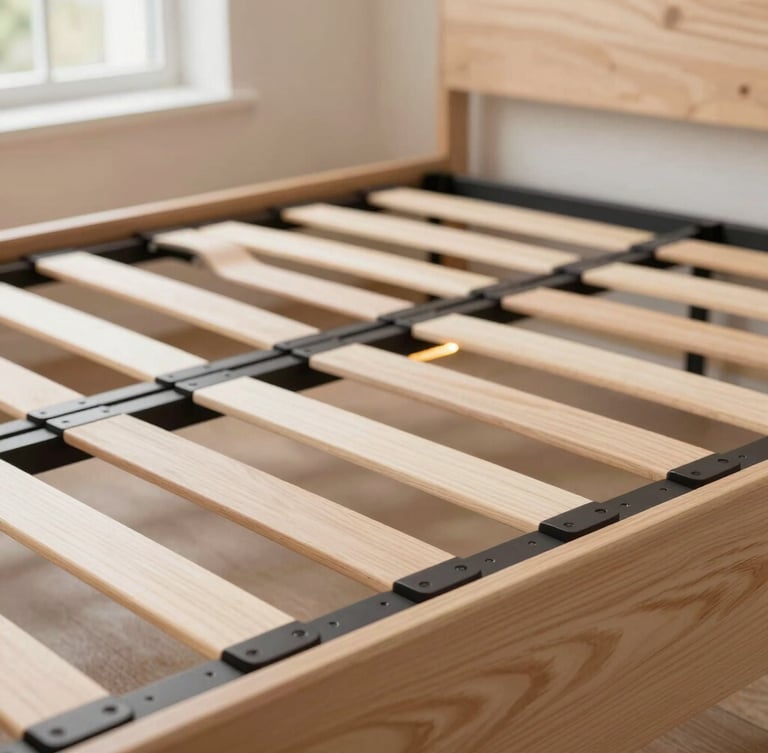 Tight macro shot of modular joinery on a MODU Teen bed frame, showing precise engineering and durable construction, natural side-lit window light, warm birch and charcoal tones.
