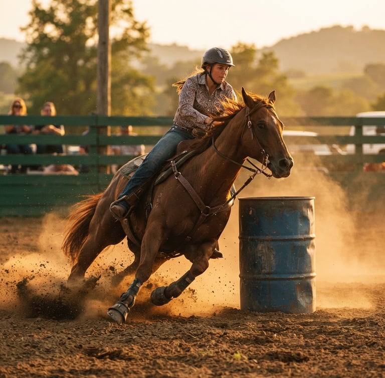 Low-angle action shot of a quarter horse kicking up dust around a barrel under warm golden-hour Kentucky sunlight, deep forest green arena fence in background, 35mm film style.