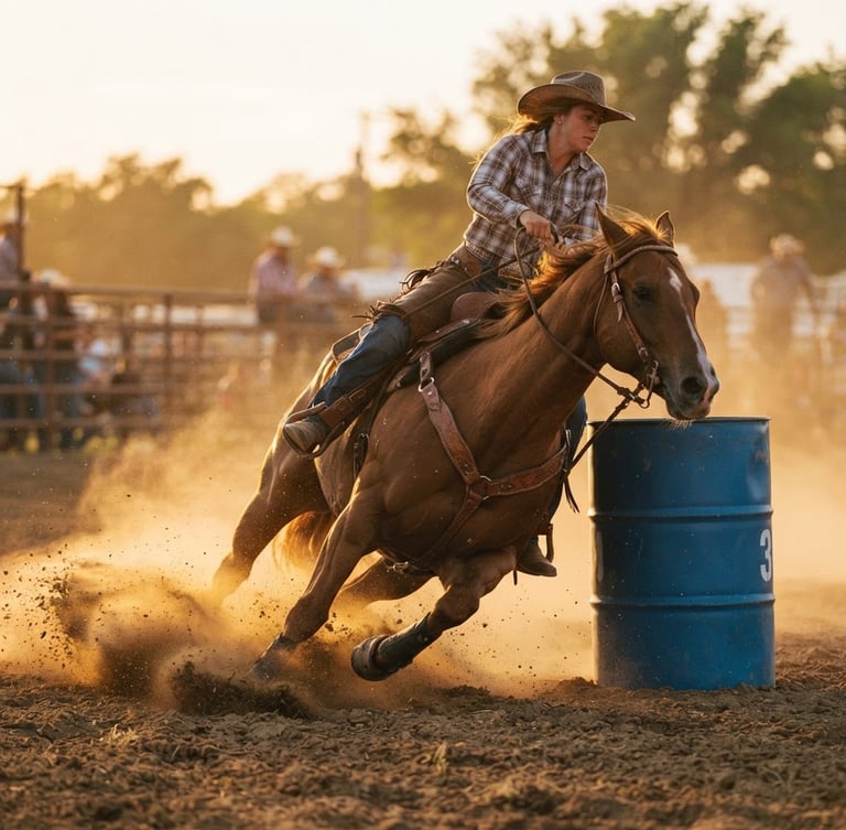 Low-angle action shot of a quarter horse kicking up golden dust during a barrel run, warm late-afternoon sunlight flooding the outdoor arena, rich leather tack detail.