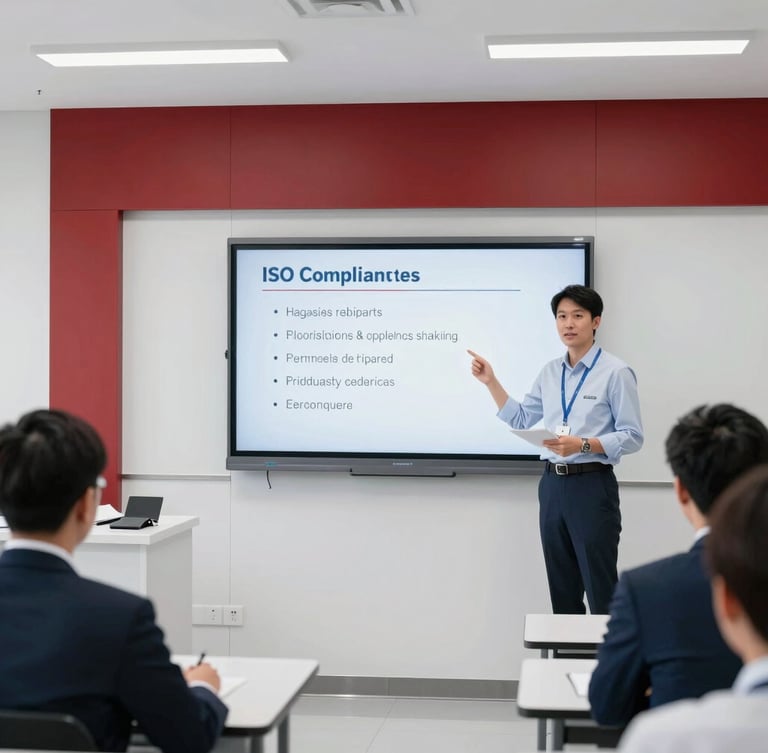 A professional corporate training room in Bangkok, modern clean setup, a professional instructor presenting ISO compliance standards on a screen, bright clinical daylight, deep red accents, sharp focus, 35mm