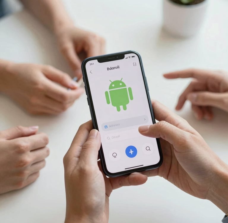 Close-up of diverse hands holding a modern Android smartphone displaying an accessible interface with large touch targets, soft natural daylight, shallow depth of field