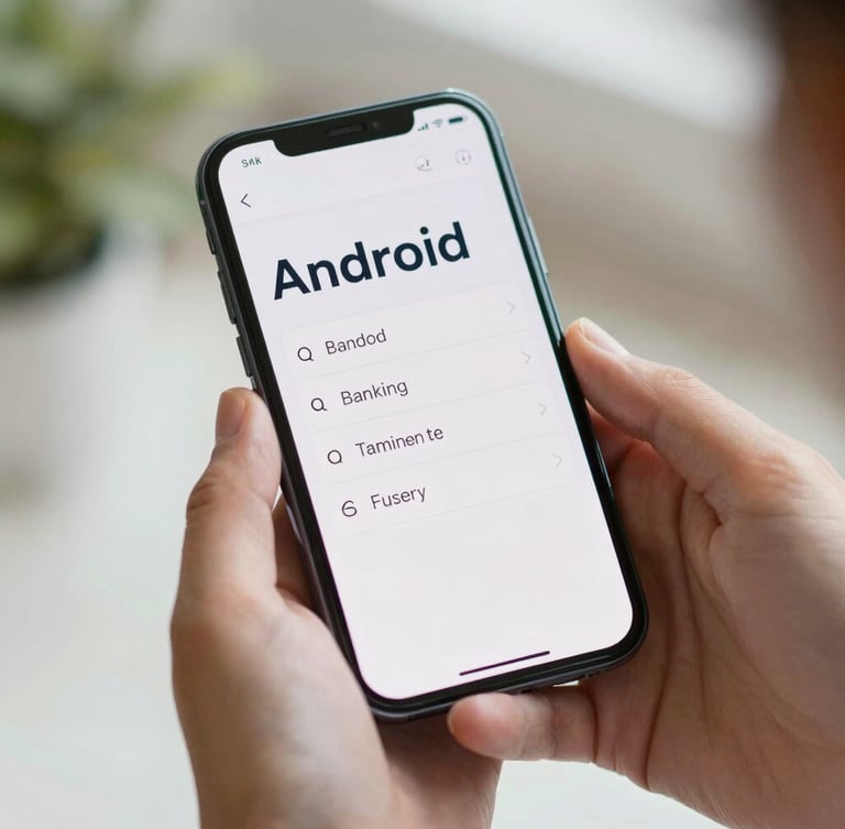 Close-up of hands holding an Android phone displaying a clean banking interface with large, clear text, soft natural daylight, shallow depth of field.