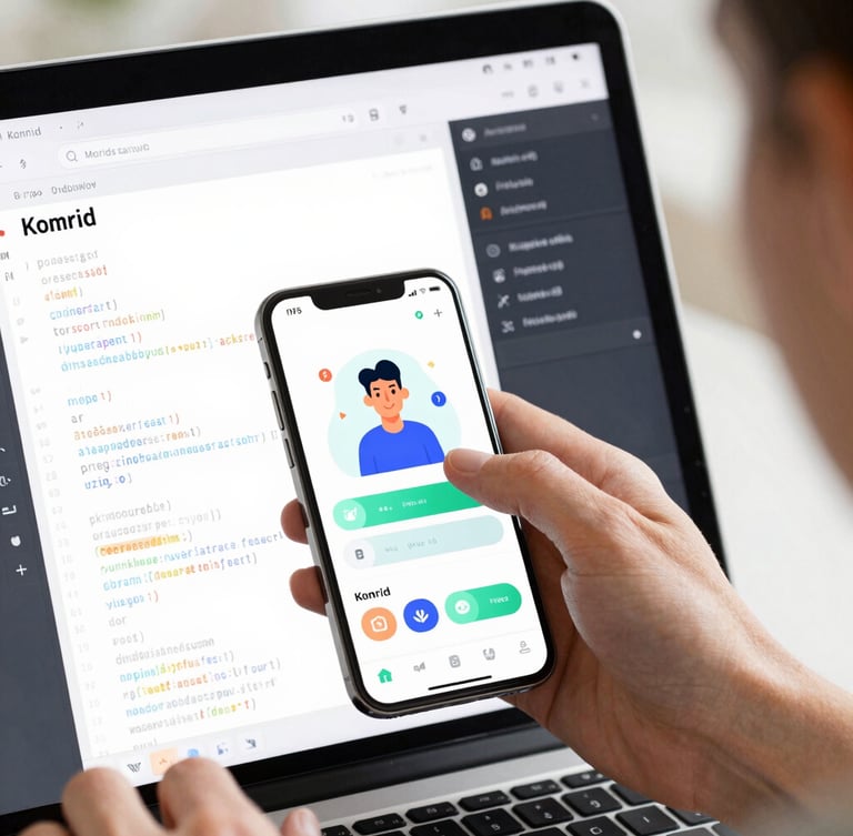A close-up of a modern Android IDE showing clean Kotlin code, with a high-fidelity vector UI mockup of a health tracking app visible on a test device beside the screen, soft daylight, 35mm.