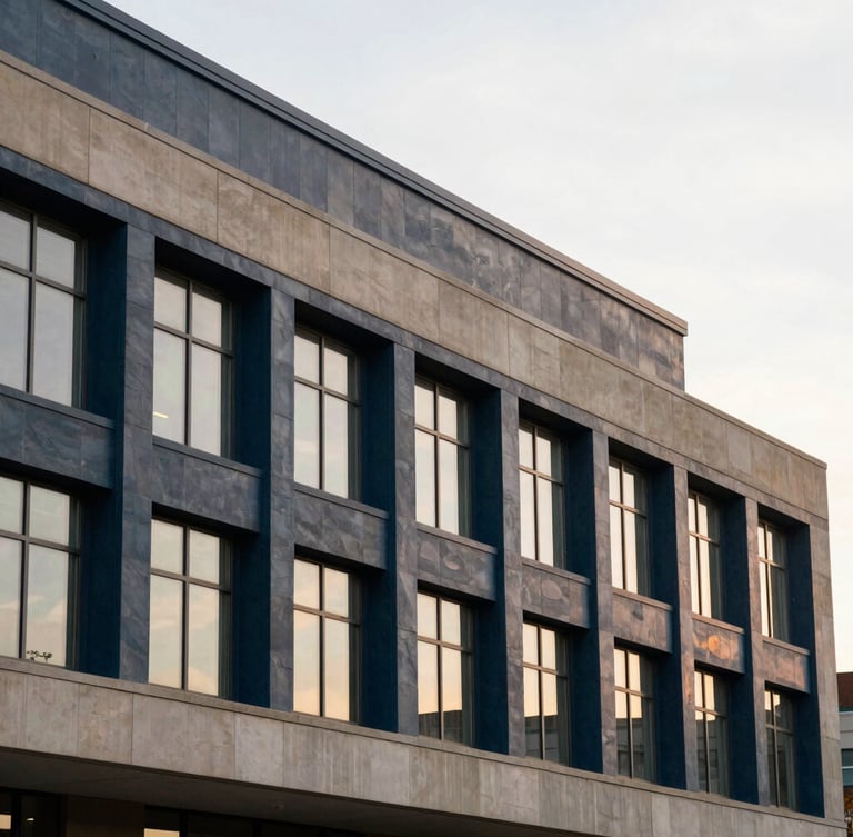 Architectural lines of a modern Illinois university building facade, soft overcast morning light, muted slate and navy tones, shallow depth of field, 50mm lens.