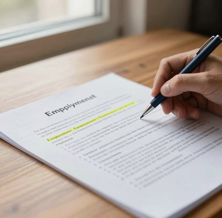 Close-up of hand-annotated legal documents and highlighted employment contracts on a warm wooden desk, soft window light, shallow depth of field