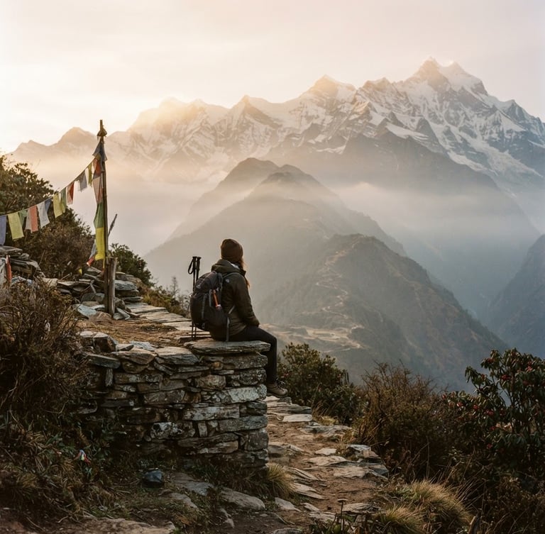 Wide-angle atmospheric photography of a lone hiker resting on a stone chautari, soft morning mist surrounding distant snow-capped Himalayan peaks, golden-hour light, 35mm film.