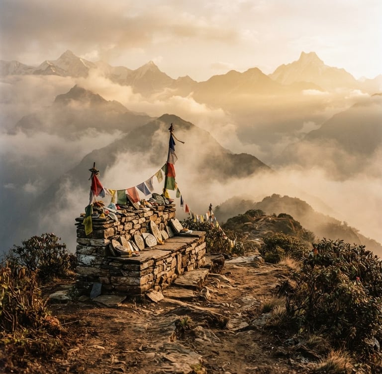 A warm golden-hour view of a mist-shrouded Himalayan ridge, a stone chautari resting place in the foreground, 35mm film style.