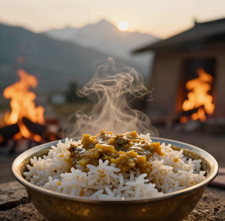 Close-up of steaming traditional dal bhat being served in a brass bowl inside a warm, fire-lit Sherpa home, golden hour light, 35mm film