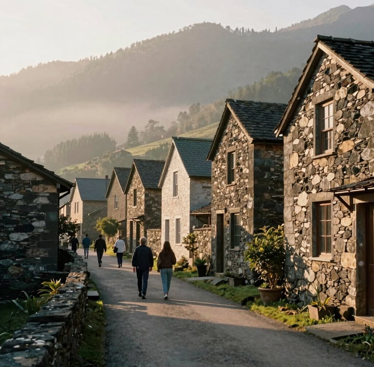 A quiet village path lined with traditional stone houses, a local guide walking with travelers, warm morning light, 35mm film.