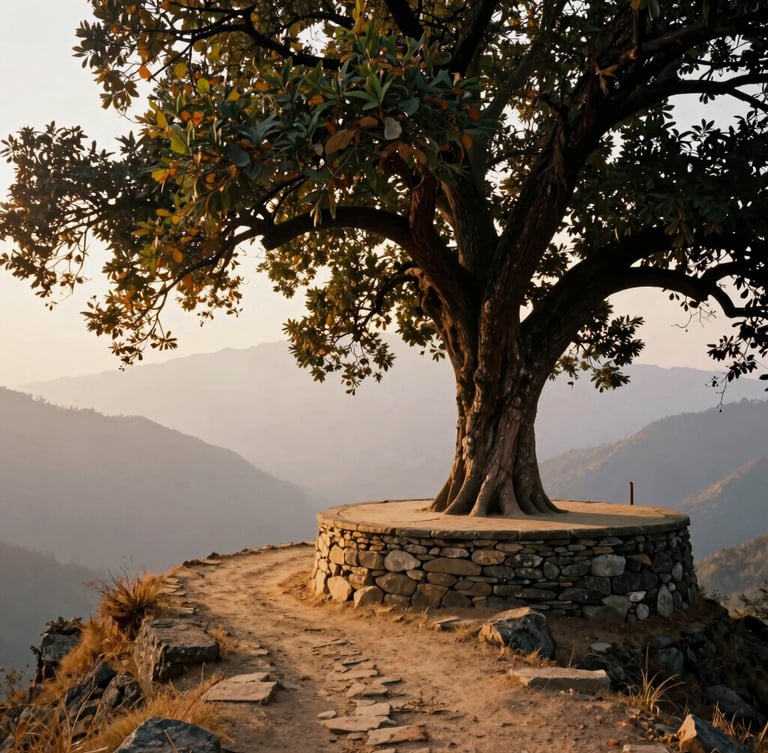 A traditional stone chautari resting platform under a massive banyan tree on a mountain ridge, a dusty trail winding past, soft golden-hour light filtering through leaves, distant Himalayan peaks in mist, 35mm film style.