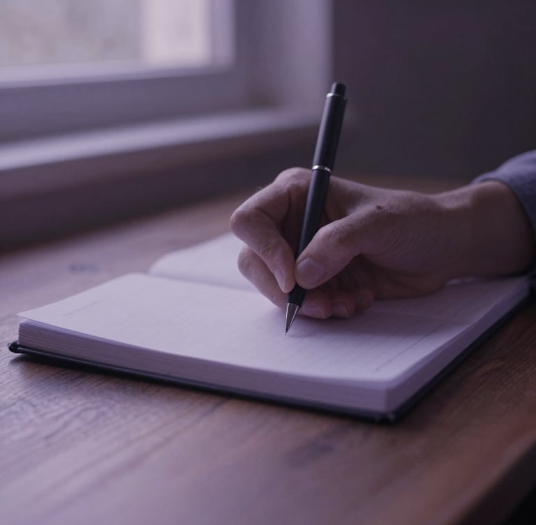Close-up of hands writing in a paper journal on a wooden table, soft afternoon window light, moody lilac tones, 35mm