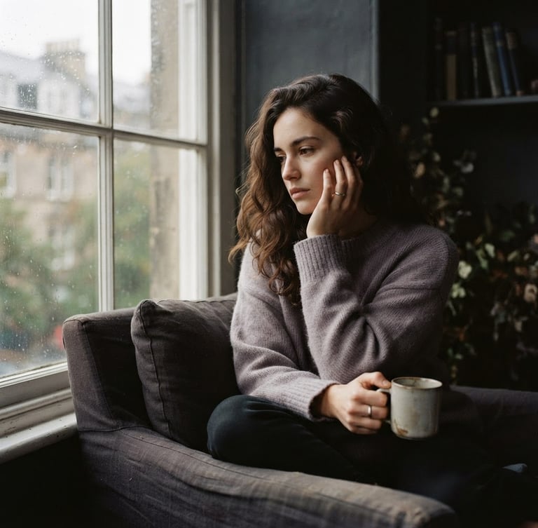 Moody editorial portrait of a woman sitting in calm contemplation by a window, soft afternoon light, muted lilac and deep charcoal tones, 35mm