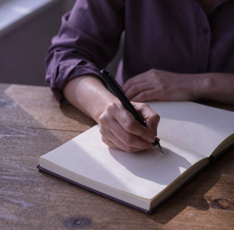 A woman writing in a linen journal on a wooden table, soft shadows on textured paper, diffused natural afternoon light, muted lilac tones, 35mm