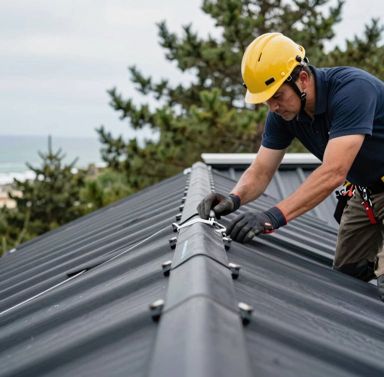 Close-up of a professional roofing specialist inspecting a clean dark zinc roof seam, wearing safety gear, coastal pine forest blurred in the background, sharp focus, 35mm