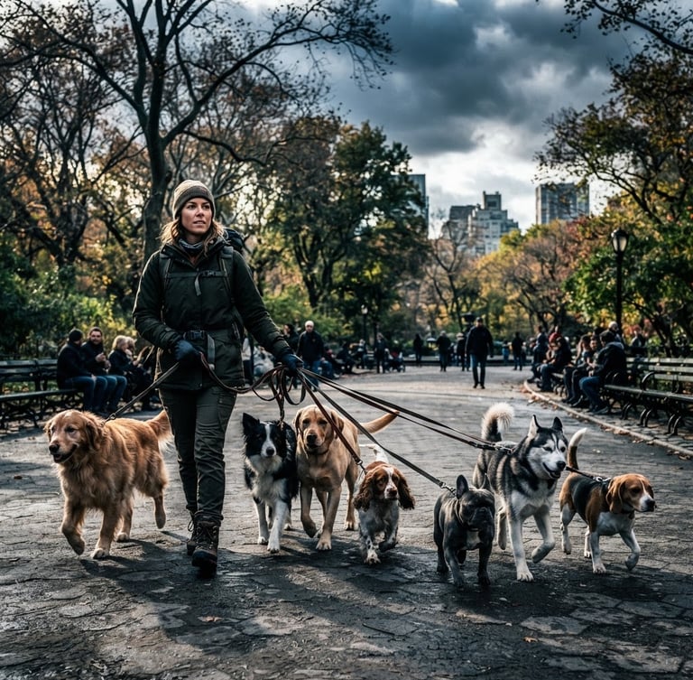 Professional dog walker confidently handling a pack of dogs in an urban park, dramatic high-contrast natural light, cool blue undertones, sharp focus, 35mm, wide environmental shot, dog walker to the left third.