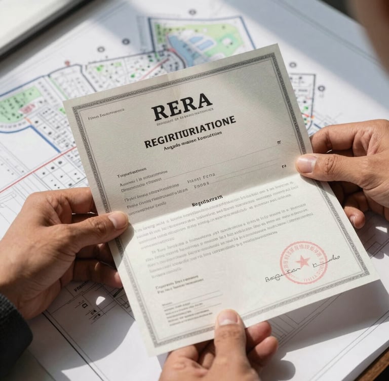 A sharp close-up of hands holding official RERA registration certificates and stamped title deeds over a blueprint map of Dholera plots, bright morning light.