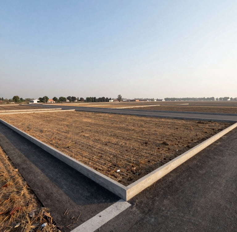 Wide-angle daylight shot of physical land plots in Dholera with clear concrete boundary markers, newly paved access roads, and bright morning sky