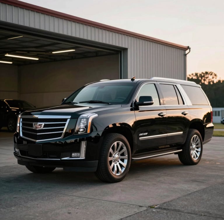 A pristine, polished black Cadillac Escalade ESV parked on a private hangar tarmac, low-key dramatic morning light reflecting off the polished body panels.