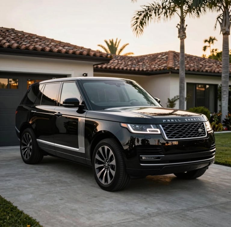 Pristine black executive SUV parked on a clean concrete driveway in front of a modern Beverly Hills estate, warm golden hour light reflecting off the polished black paint, manicured palms in the background.