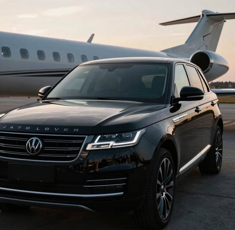 Low-key high-contrast shot of a polished black executive SUV parked outside a private aviation terminal, warm morning light reflecting on the hood.