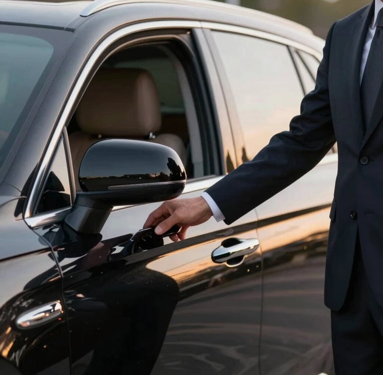 A close-up of an immaculate chauffeur in a tailored dark suit holding open the door of a polished black executive SUV, soft golden hour reflections on the paint.
