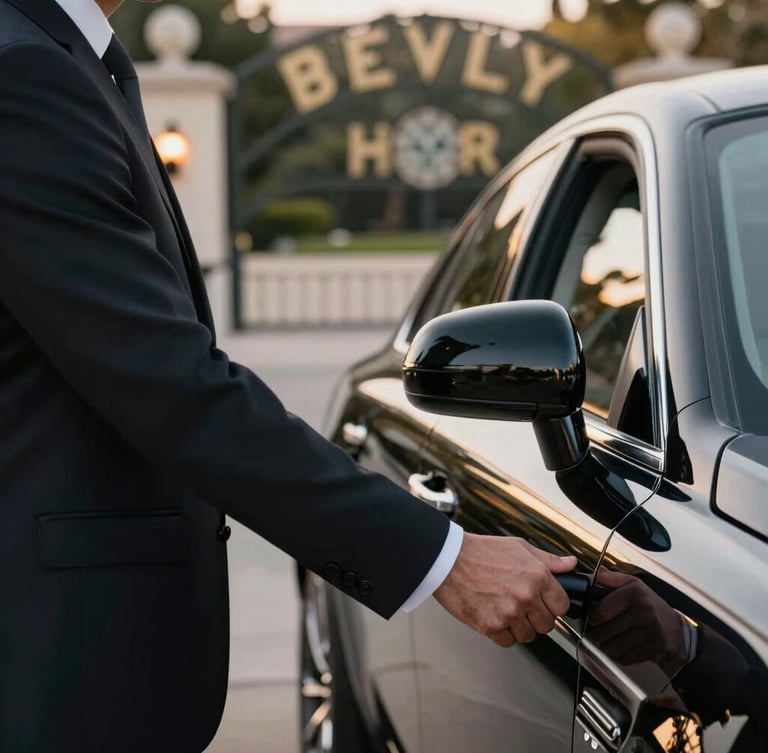 Close-up of a chauffeur in an immaculate, dark tailored suit holding open the door of a polished black luxury SUV, subtle golden hour reflections on the pristine paint, Beverly Hills estate gate in the soft-focus background.
