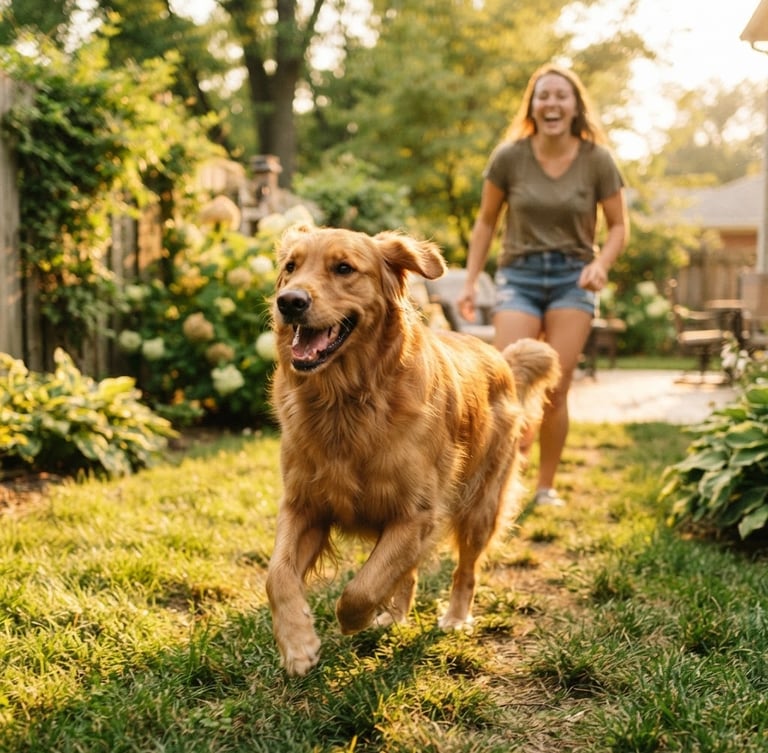 A joyful golden retriever running through a sunny Indiana backyard, bright natural golden-hour daylight, shallow depth of field, happy expression.