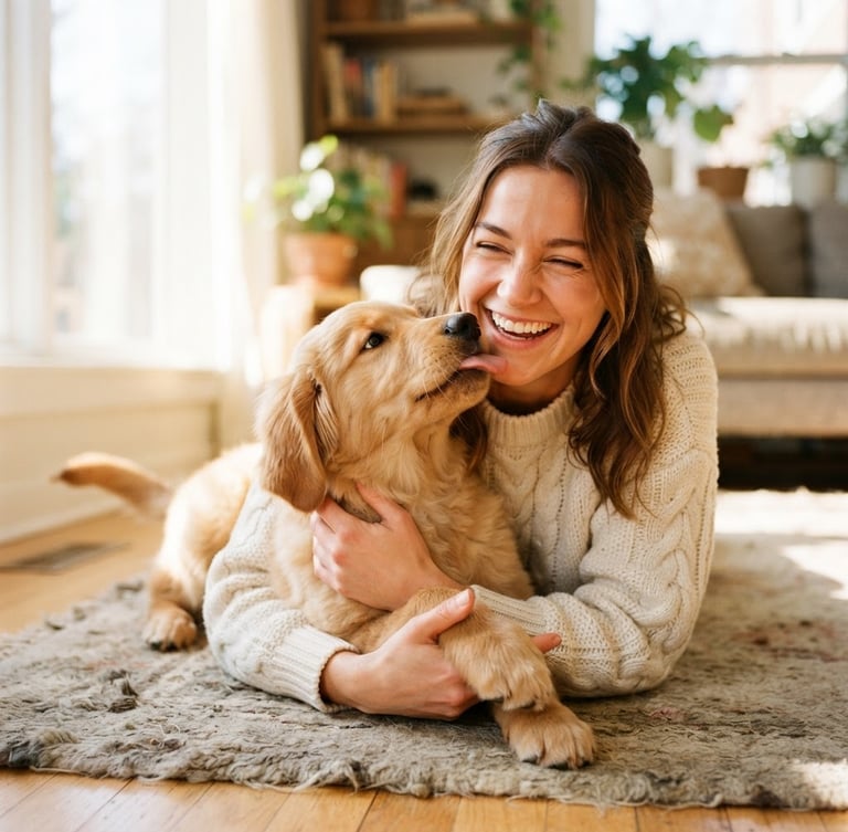 Eye-level warm portrait of a happy golden retriever puppy cuddling with a smiling foster parent on a sunlit living room floor, bright natural daylight, shallow depth of field