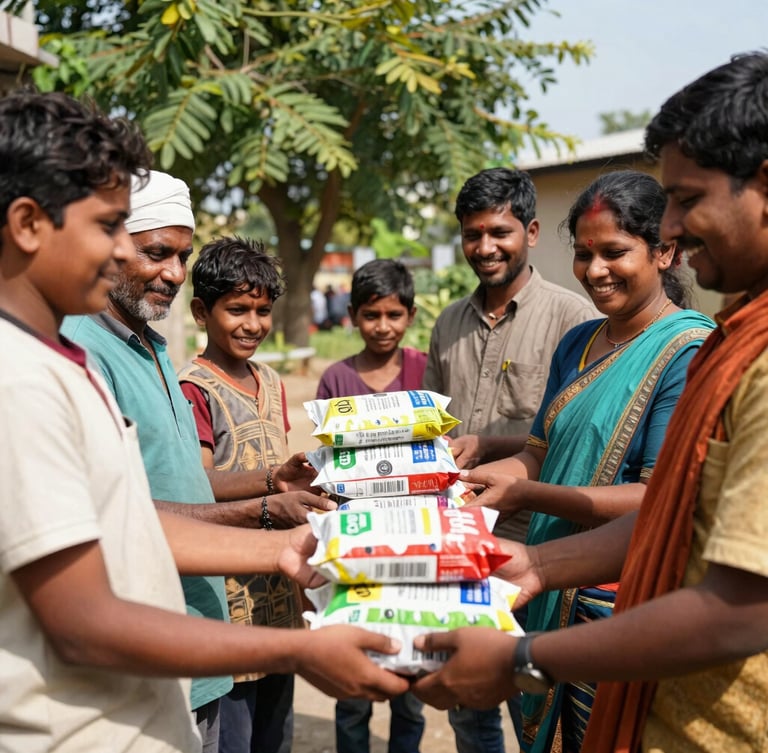 Candid documentary photo of volunteers handing over dry ration kits to families in Indore, bright natural daylight, warm genuine smiles, 35mm lens.