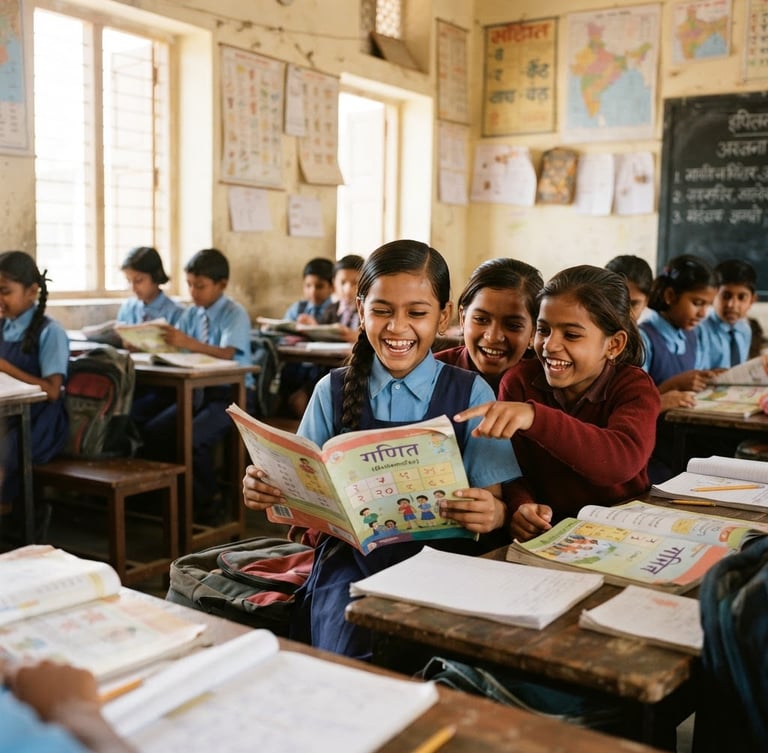 Candid documentary photo of young students in a bright Indore classroom, smiling over new textbooks, warm natural Indian daylight, 35mm lens