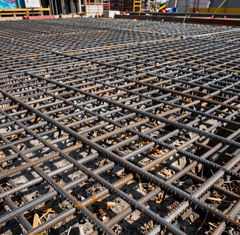 Low-angle dramatic shot of a dense steel rebar grid on a massive foundation slab, harsh midday sun casting sharp geometric shadows, active construction site background.