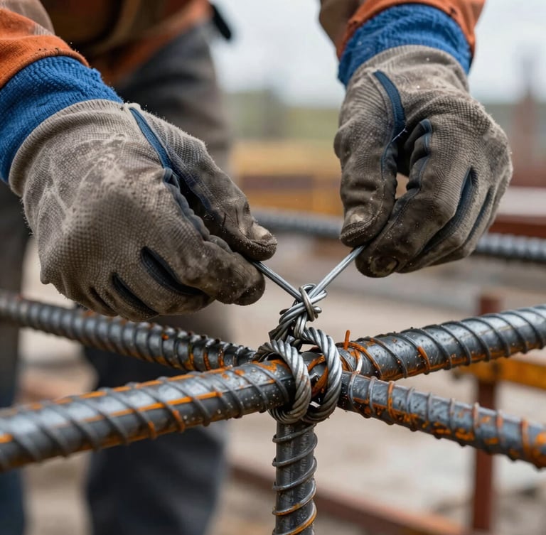 Extreme close-up of ironflechter hands in protective gear tying heavy steel rebar intersections with wire, active construction site, overcast daylight, sharp focus on the wire knot.