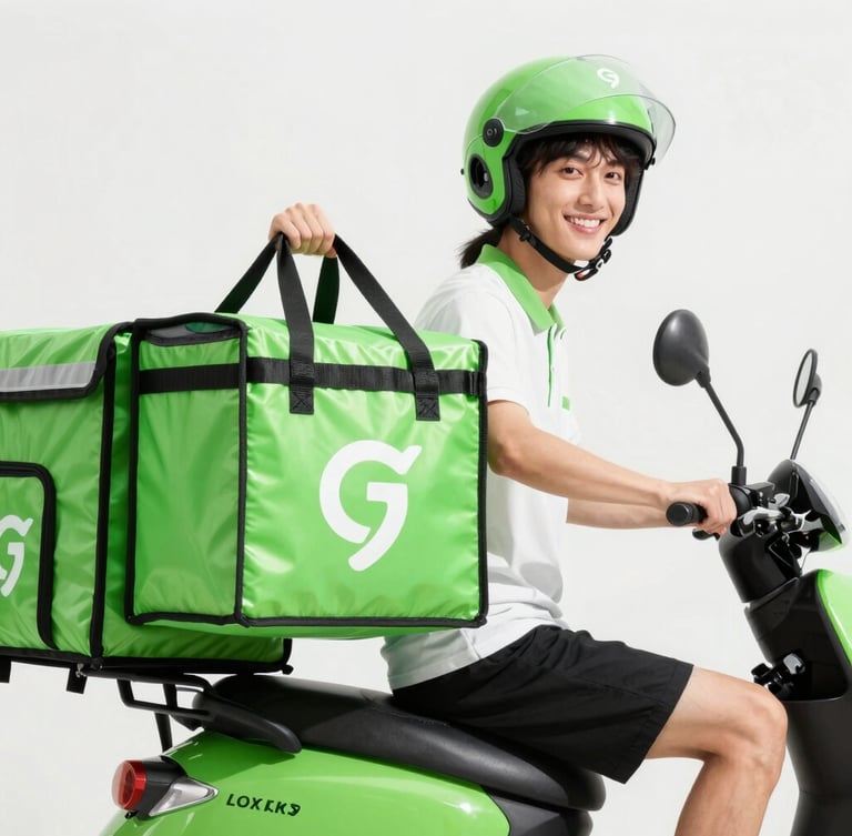 Bright high-key photography of a friendly Grofkart delivery rider on a green scooter, holding an insulated grocery bag, crisp natural daylight, sharp focus.