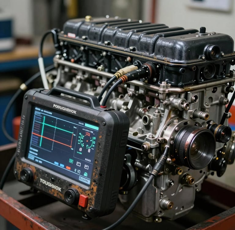Close-up of a rugged, grease-stained Panasonic Toughbook displaying engine diagnostic codes, connected via a thick black cable to a massive Cummins diesel engine block in a dimly lit workshop, high-contrast cool lighting.