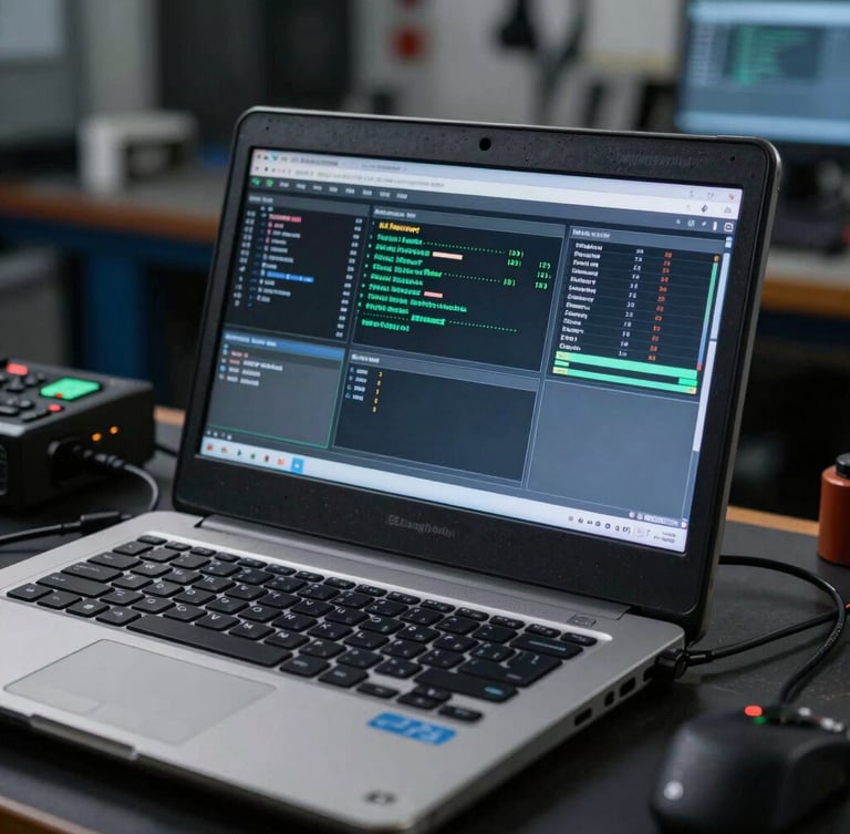 Close-up of a rugged diagnostic laptop displaying ECU tuning codes in a dark diesel workshop, cool-toned lighting, sharp focus on the screen.