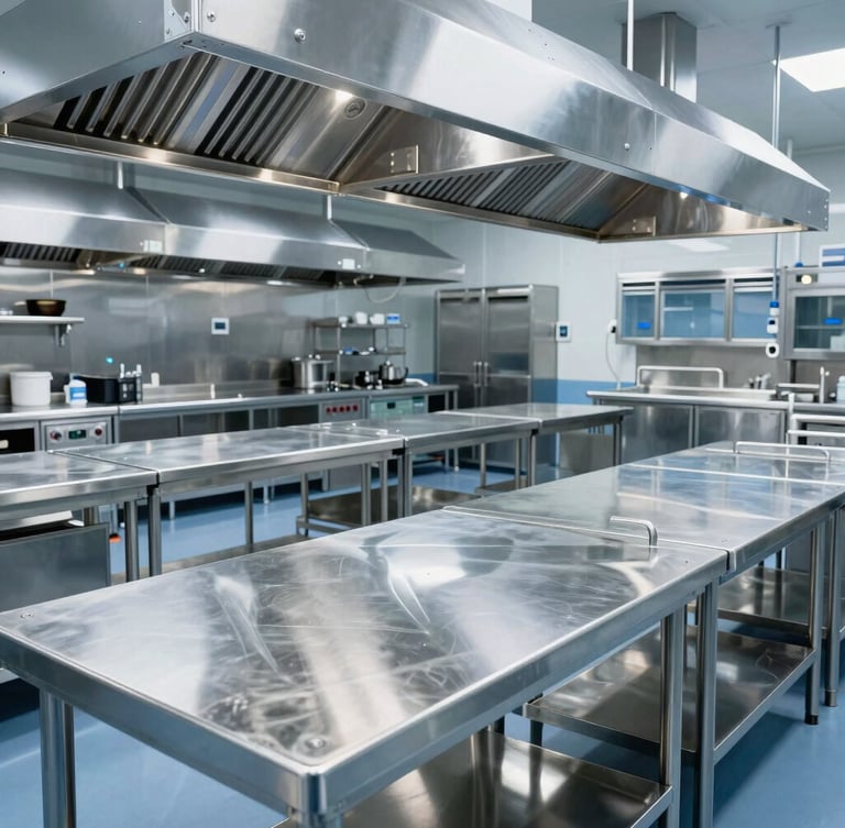 Sharp architectural shot of a massive, empty hospital kitchen with rows of stainless steel prep tables, industrial ventilation hoods overhead, cold surgical blue highlights, high contrast