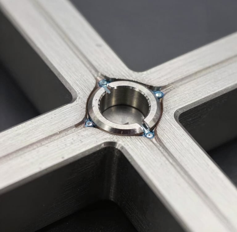 Macro shot of precise laser-welded joint on brushed AISI 304 stainless steel, cold metallic lighting, high contrast, industrial product photography, 50mm