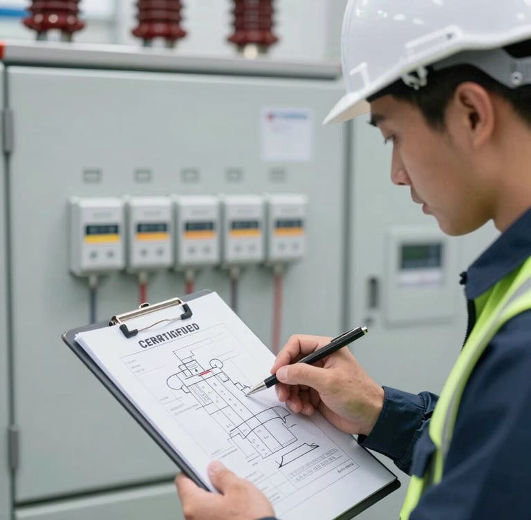 A close-up of a certified engineer in safety gear analyzing a single-line diagram on a clipboard, with high-voltage switchgear in the background, crisp industrial photography, daylight, 35mm lens.