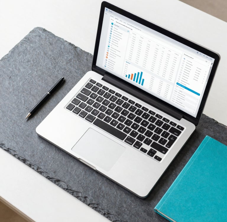 Overhead flat-lay of an organized modern desk with a laptop displaying a clean financial dashboard, bright daylight, slate and teal accents